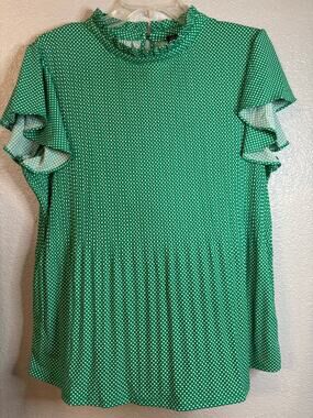 Adrianna Papell Green Polka Dot Ruffle Sleeve Mock Neck Blouse Women's Size L